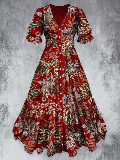 Retro Floral Art Print Vintage Chic V-Neck Button Up Mid-Length Sleeve Midi Dress