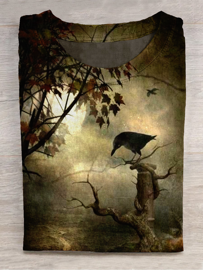 Halloween Magic Crow Art Shirt Printed Short Sleeve T-Shirt Casual T-shirt