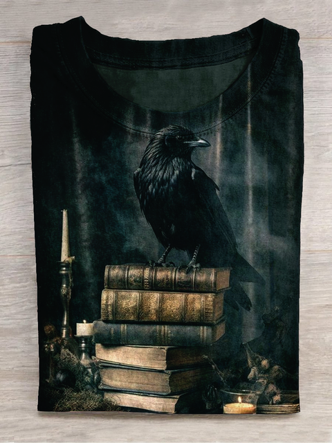 Halloween Magic Crow Art Shirt Printed Short Sleeve T-Shirt Casual T-shirt