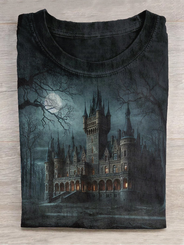 Halloween Horror Forest Magic Castle Art Print Unisex Round Neck Short Sleeve Casual T-shirt