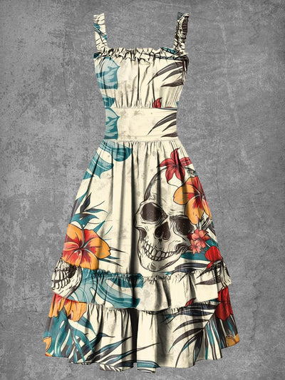 Women's Halloween Skull Print Suspender Dress