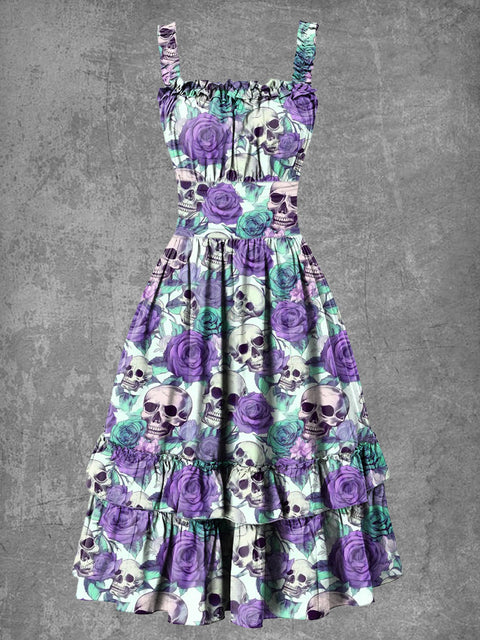 Women's Gothic Halloween Skull Print Suspender Dress