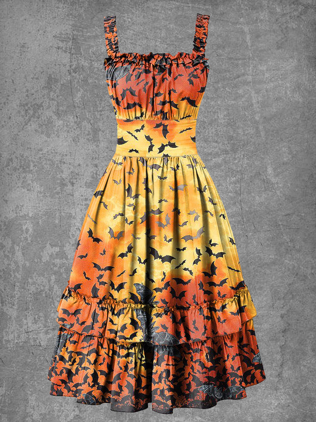 Women's Gothic Bat Halloween Art Illustration Print Suspender Dress