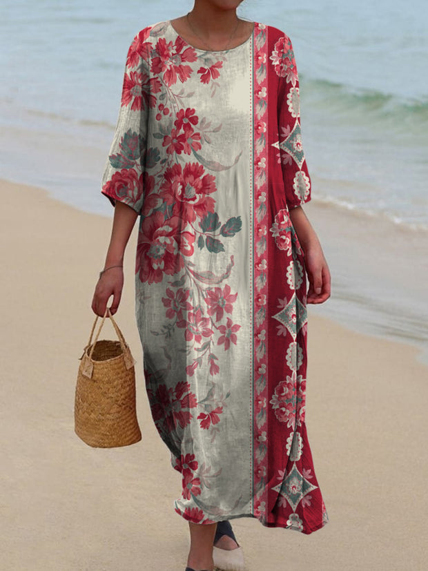 Retro Floral Art Printed Round Neck Vintage Loose Long Sleeves Midi Dress