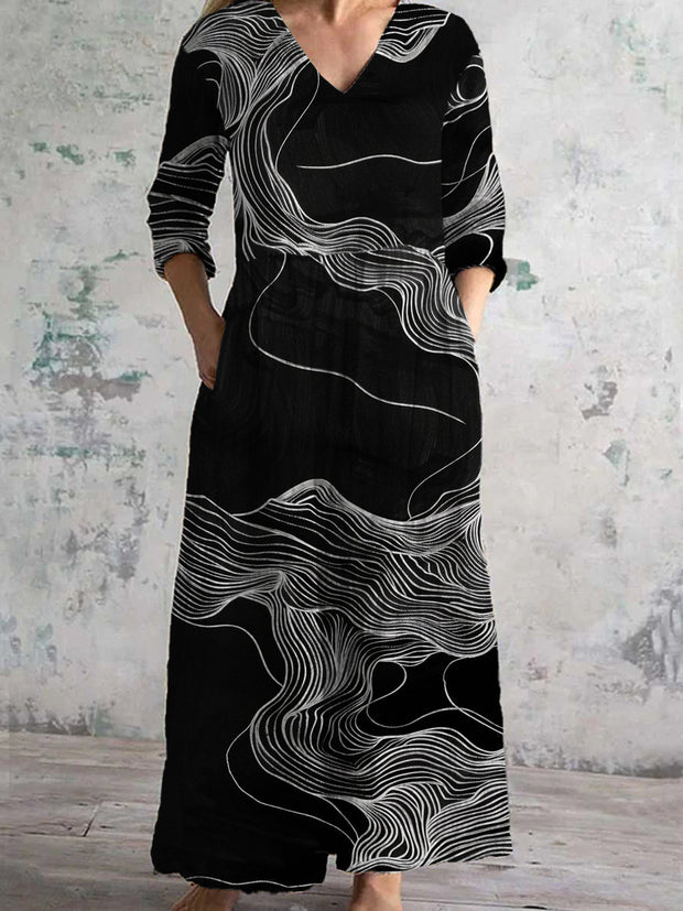 Women's Fashion Elegant Art Print V-Neck Three-Quarter Sleeves Long Dress