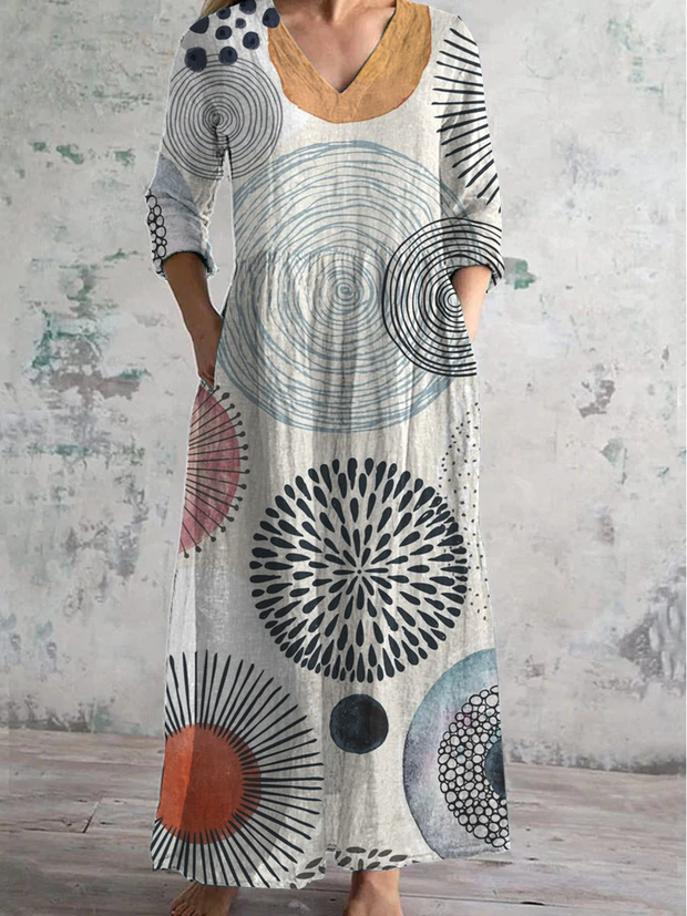 Modern Geometric Abstract Art Print V-Neck Long-Sleeved Casual Dress