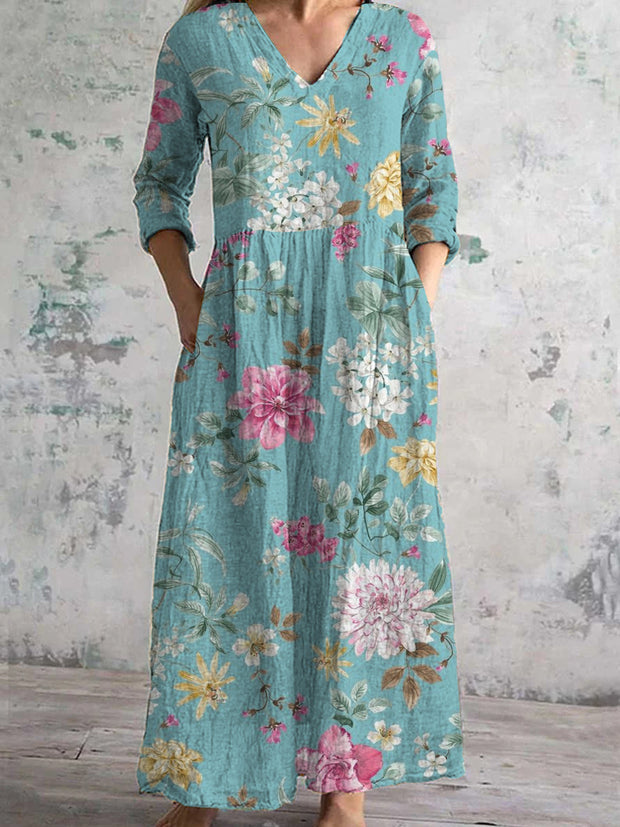 Women's Fashion Elegant Artistic Floral Print Three Quarter Sleeves V Neck Maxi Dress