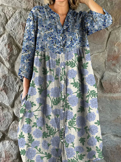 Retro Floral Boho Art Print Vintage Chic V-Neck Button Up Long Sleeve Midi Dress