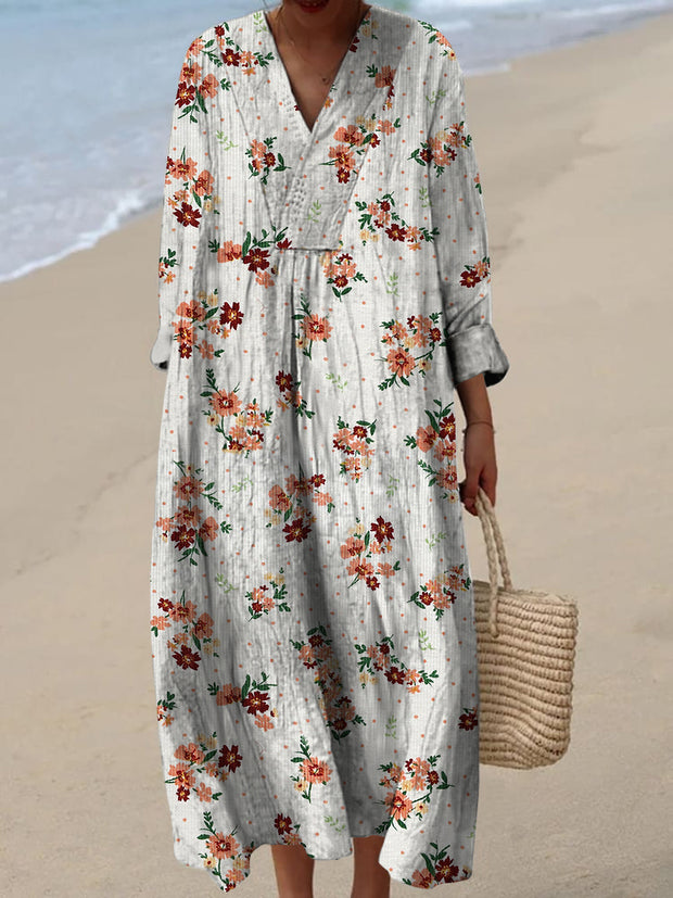 Retro Floral Art Printed Wide Edge V-Neck Vintage Loose Long Sleeves Midi Dress