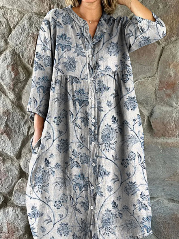 Retro Floral Boho Art Print Vintage Chic V-Neck Button Up Long Sleeve Midi Dress