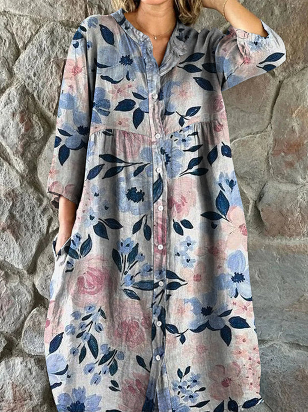 Retro Floral Boho Art Print Vintage Chic V-Neck Button Up Long Sleeve Midi Dress