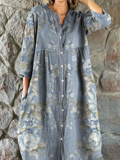 Retro Boho Floral Art Print Vintage Chic V-Neck Button Up Long Sleeve Midi Dress