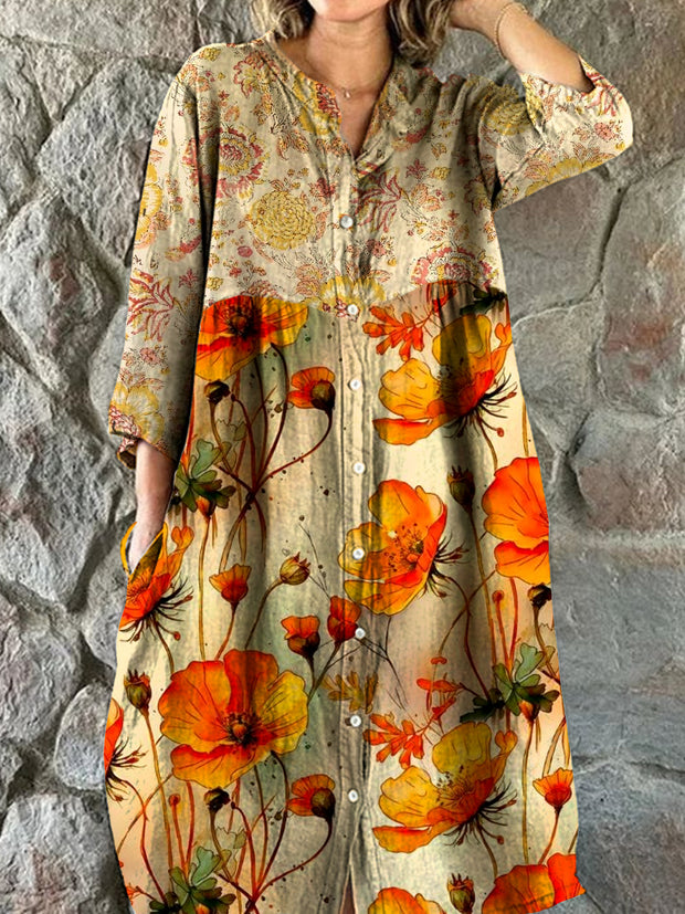 Vintage Floral Art Print Chic V-Neck Three-Quarter Sleeve Button Elegant Midi Dress