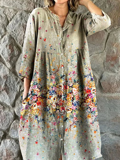 Vintage Floral Art Print Chic V-Neck Three-Quarter Sleeve Button Elegant Midi Dress