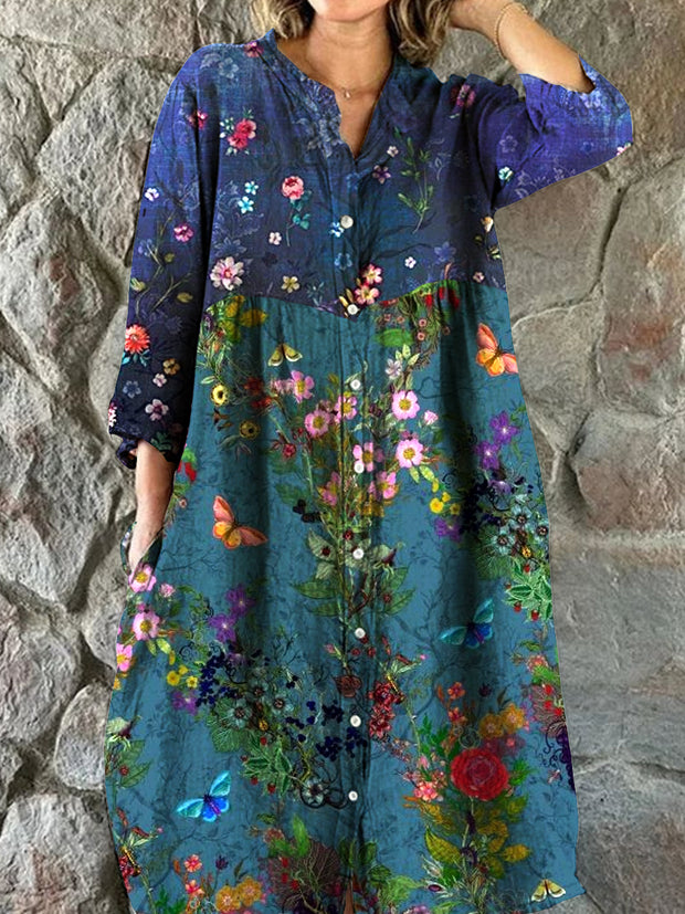 Vintage Floral Art Print Chic V-Neck Three-Quarter Sleeve Button Elegant Midi Dress