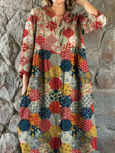 Vintage  Art Print Chic V-Neck Three-Quarter Sleeve Button Elegant Midi Dress