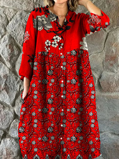 Vintage Floral Art Print Chic V-Neck Three-Quarter Sleeve Button Elegant Midi Dress