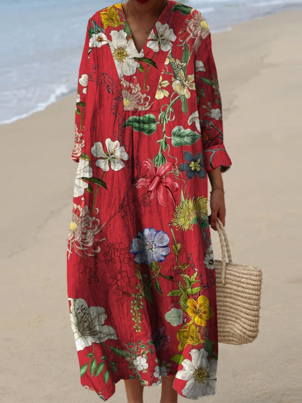 Women's Fashion Elegant Artistic Floral Print V-Neck Three Quarter Sleeves Maxi Dress