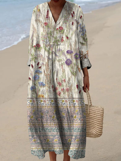 Retro Boho Floral Art Printed Wide Edge V-Neck Vintage Loose Long Sleeves Midi Dress