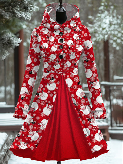 Women's Fashion Elegant Christmas Art Print Long Sleeve Button Hooded Fake Two Piece Short Dress