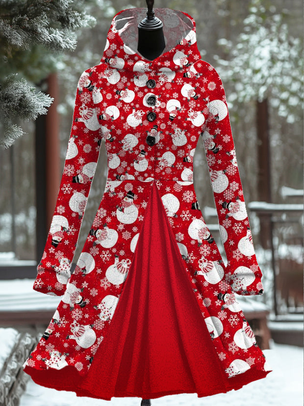 Women's Fashion Elegant Christmas Art Print Long Sleeve Button Hooded Fake Two Piece Short Dress