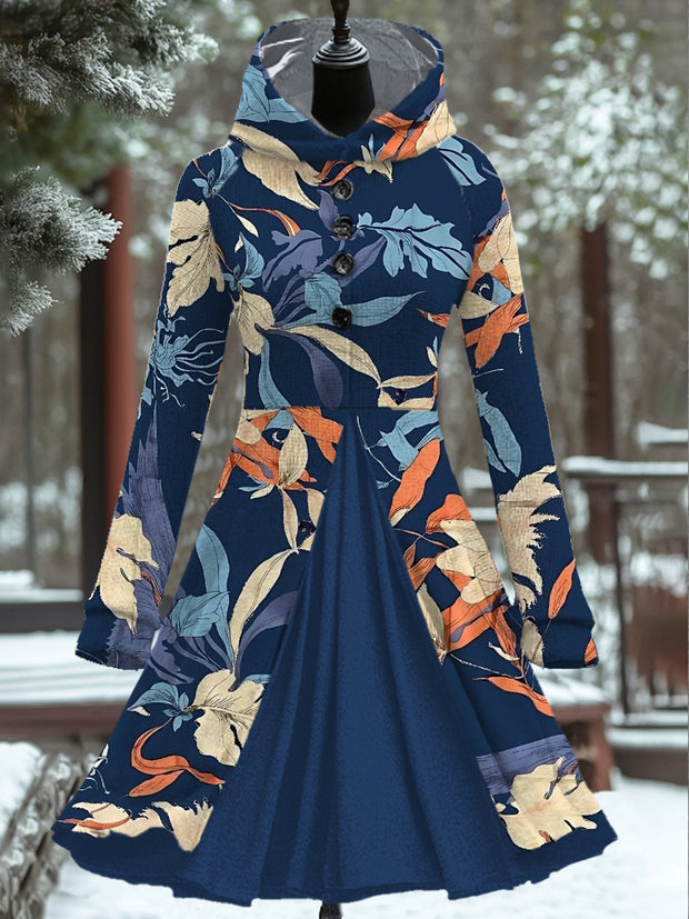 Women's Fashion Elegant Artistic Floral Print Long Sleeve Button Hooded Fake Two Piece Short Dress