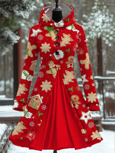 Women's Fashion Elegant Christmas Art Print Long Sleeve Button Hooded Fake Two Piece Short Dress