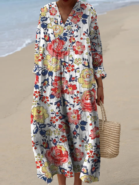 Women's Fashion Elegant Artistic Floral Print V-Neck Three Quarter Sleeves Maxi Dress