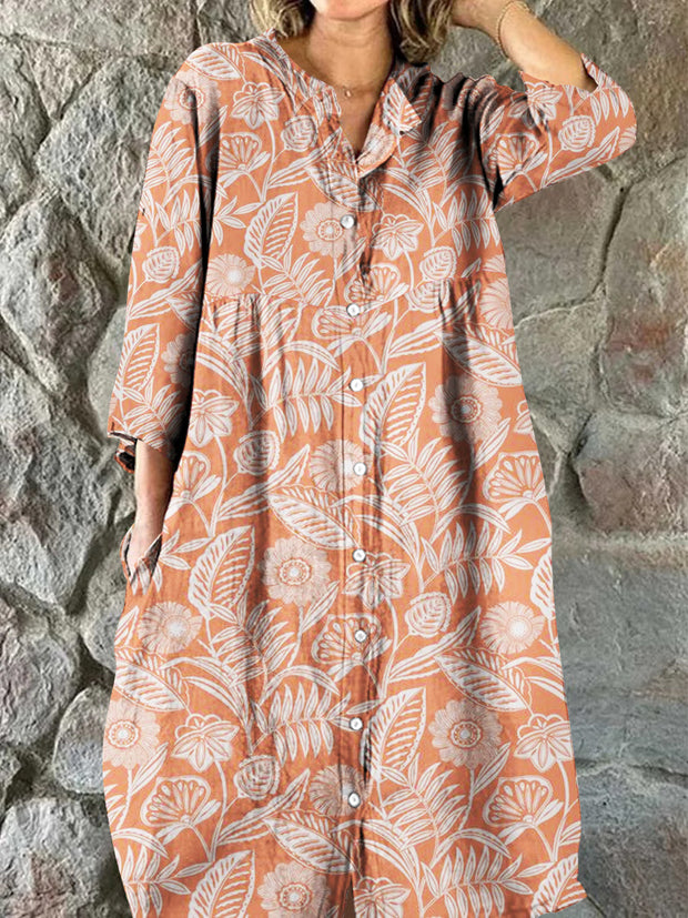 Women's Vintage Rustic Two Color Floral Pattern Cotton Linen Dress