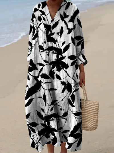 Women's Fashion Elegant Artistic Floral Print Three Quarter Sleeves V Neck Maxi Dress