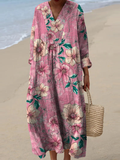 Women's Fashion Elegant Artistic Floral Print Three Quarter Sleeves V Neck Maxi Dress