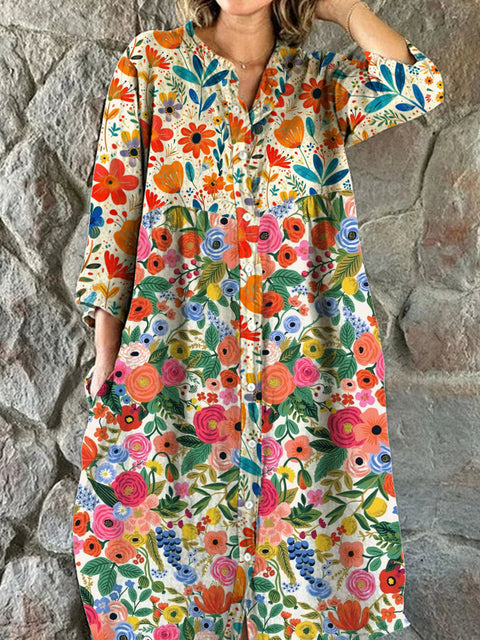 Women's Fashion Elegant Artistic Floral Print Three Quarter Sleeves V Neck Button Midi Dress