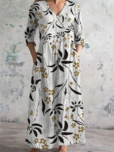 Women's Fashion Elegant Artistic Floral Print Three Quarter Sleeves V Neck Maxi Dress