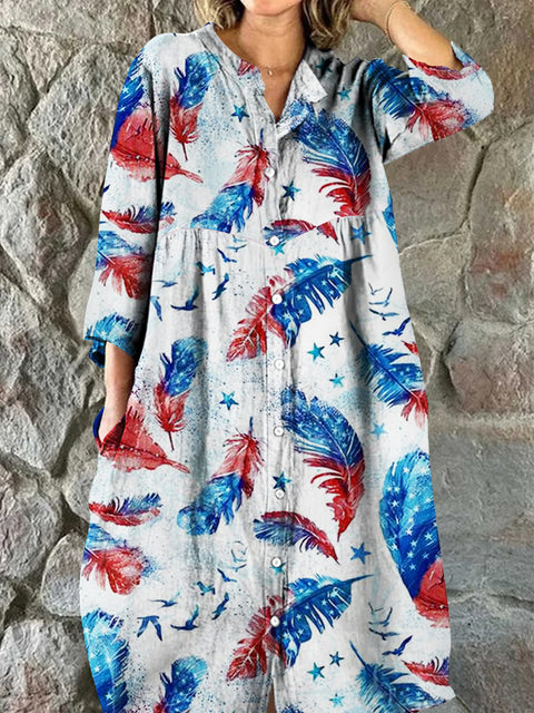 Women's Elegant Simple Abstract Feather Pattern Cotton Linen Dress