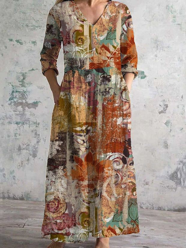 Women's Fashion Elegant Vintage Mural Art Floral Print Three Quarter Sleeves V Neck Maxi Dress