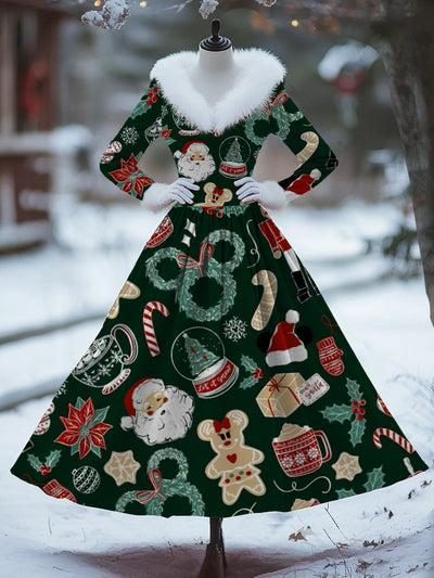 Women's Fashion Elegant Christmas Art Print Long Sleeve V-Neck Fur Collar Maxi Dress Coat