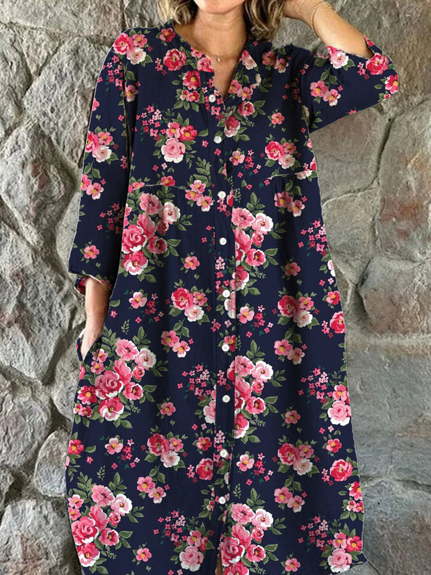 Women's Fashion Elegant Artistic Floral Print Three Quarter Sleeves V Neck Button Midi Dress