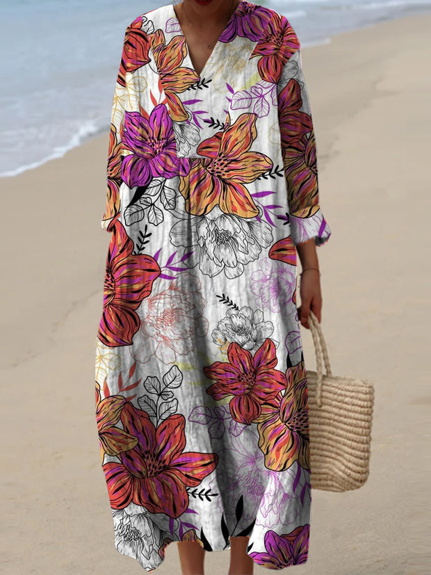 Women's Fashion Elegant Artistic Floral Print Three Quarter Sleeves V Neck Maxi Dress