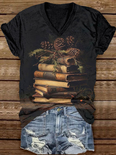 Book Art Print Unisex V-Neck Short Sleeve Casual T-Shirt