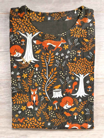 Unisex Autumn Fox Print Casual T-Shirt