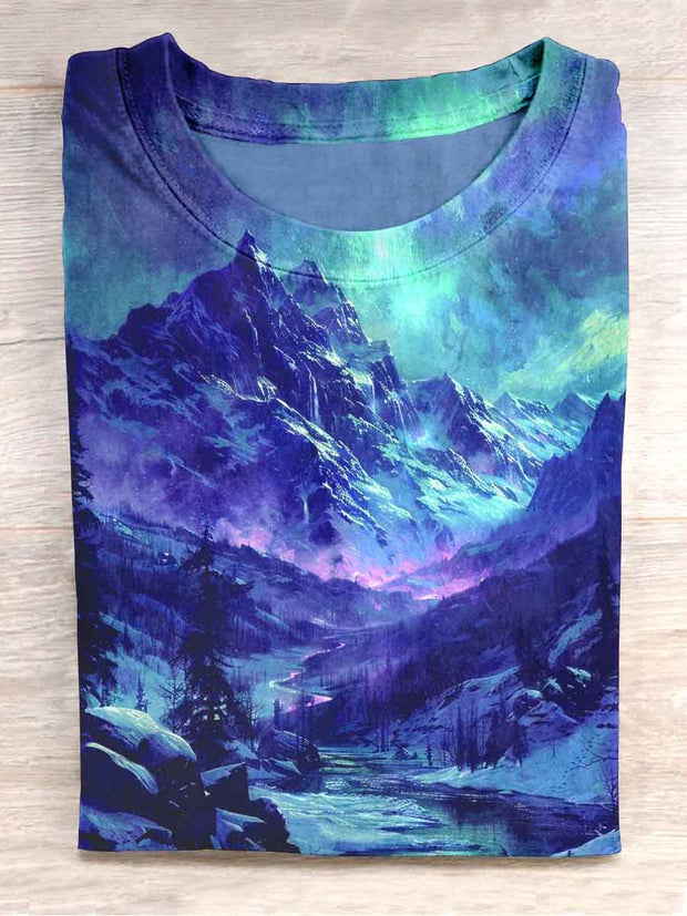 Unisex Snow Mountain Landscape Printed Casual T-shirt