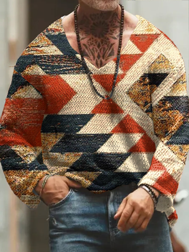 Men's Retro Art Print V-Neck Long Sleeve Sweater Thick Top