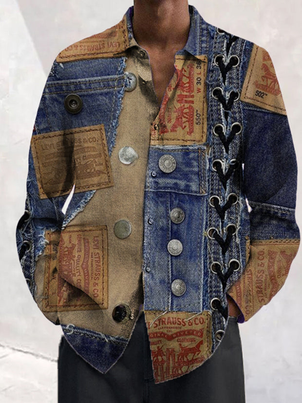 Men's Denim Patchwork Graphic Print Long Sleeve Shirt