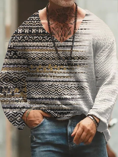 Men's Retro Art Print V-Neck Long Sleeve Sweater Thick Top