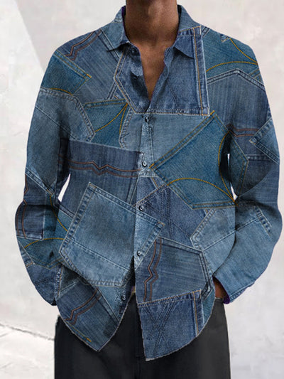 Men's Denim Patchwork Graphic Print Long Sleeve Shirt