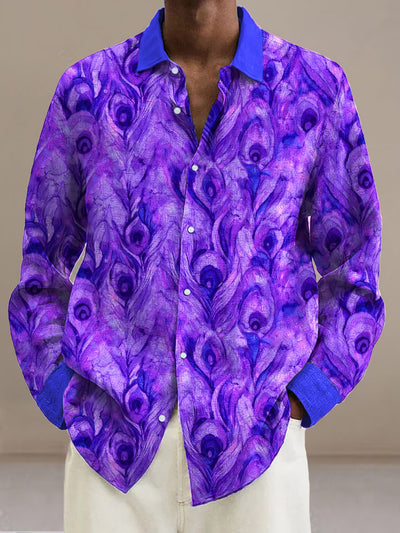 Men's Prple Peacock Feather  Cotton Summer Casual Beach Shirt long Sleeve