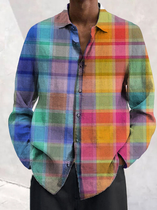 Men's plaid color block printed long sleeve shirt