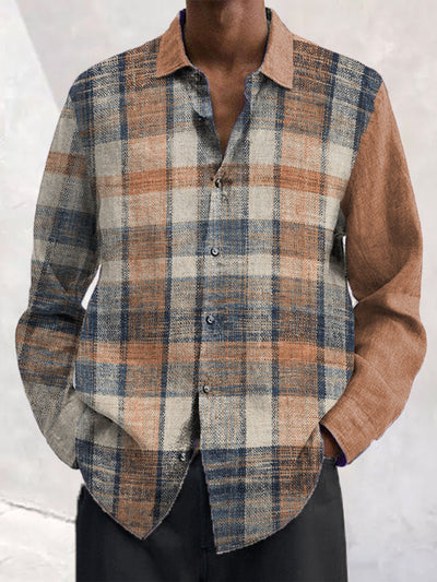 Men's plaid color block printed long sleeve shirt