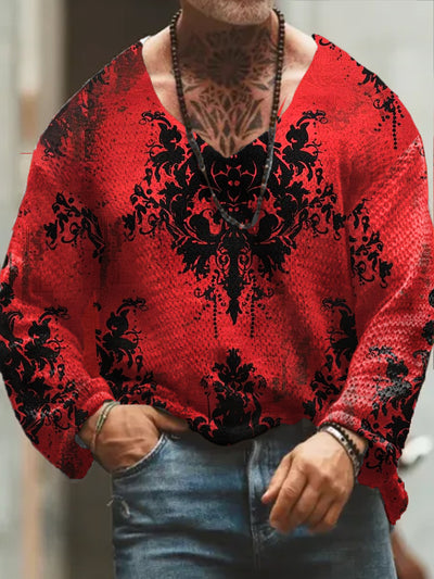 Men's Retro Art Print V-Neck Long Sleeve Sweater Thick Top