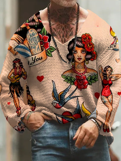 Men's Retro Tattoo Art Print V-Neck Long Sleeve Sweater Thick Top